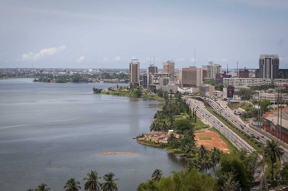 Aerial view of an urban coast in Côte d'Ivoire
