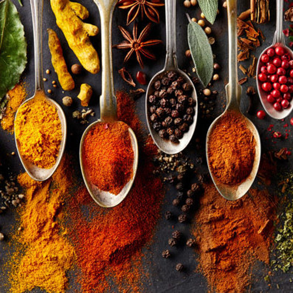 A selection of different spices is presented on spoons