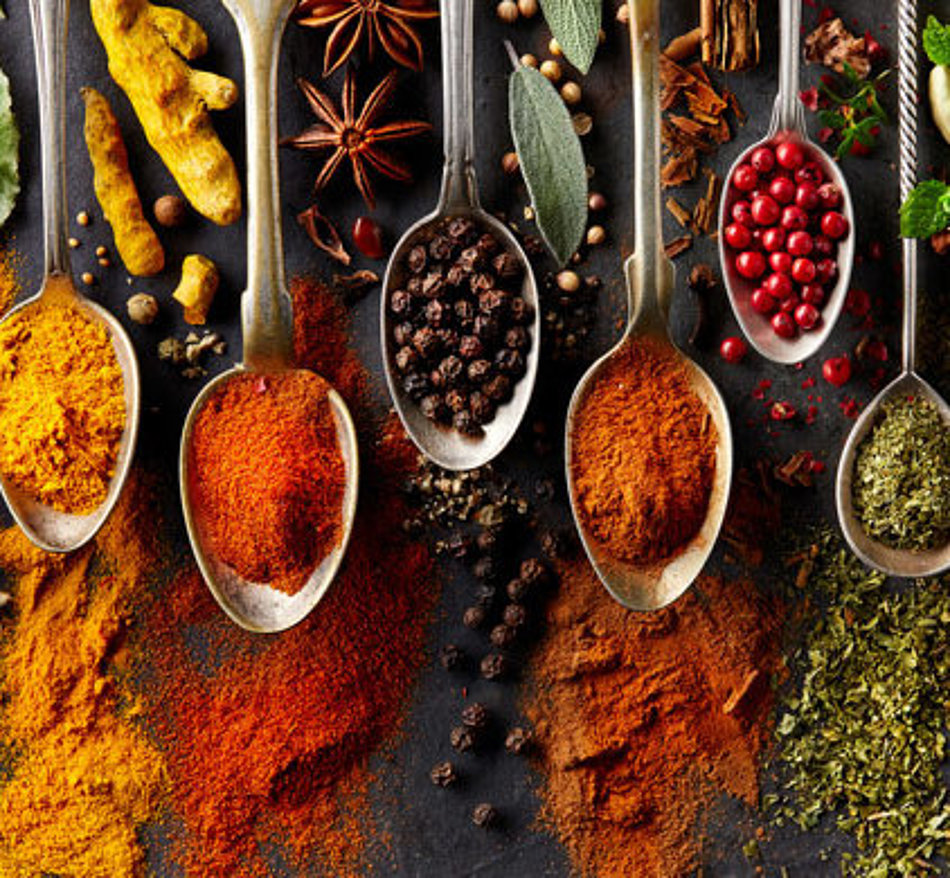 A selection of different spices is presented on spoons