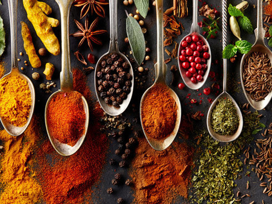 A selection of different spices is presented on spoons