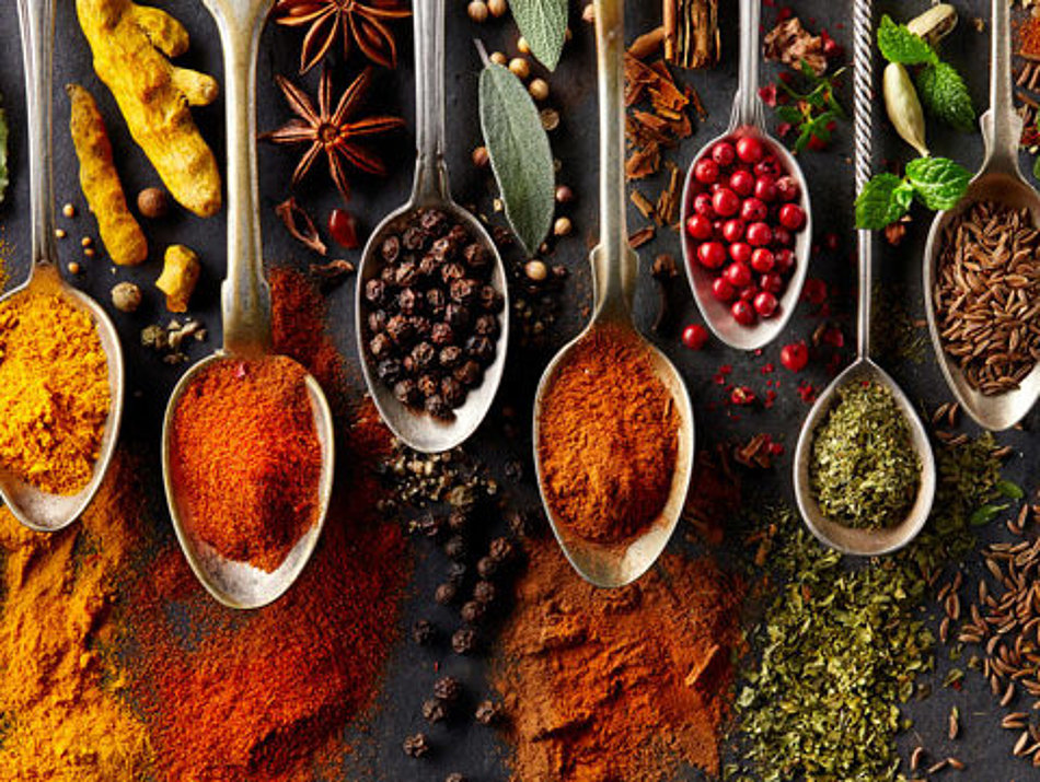 A selection of different spices is presented on spoons