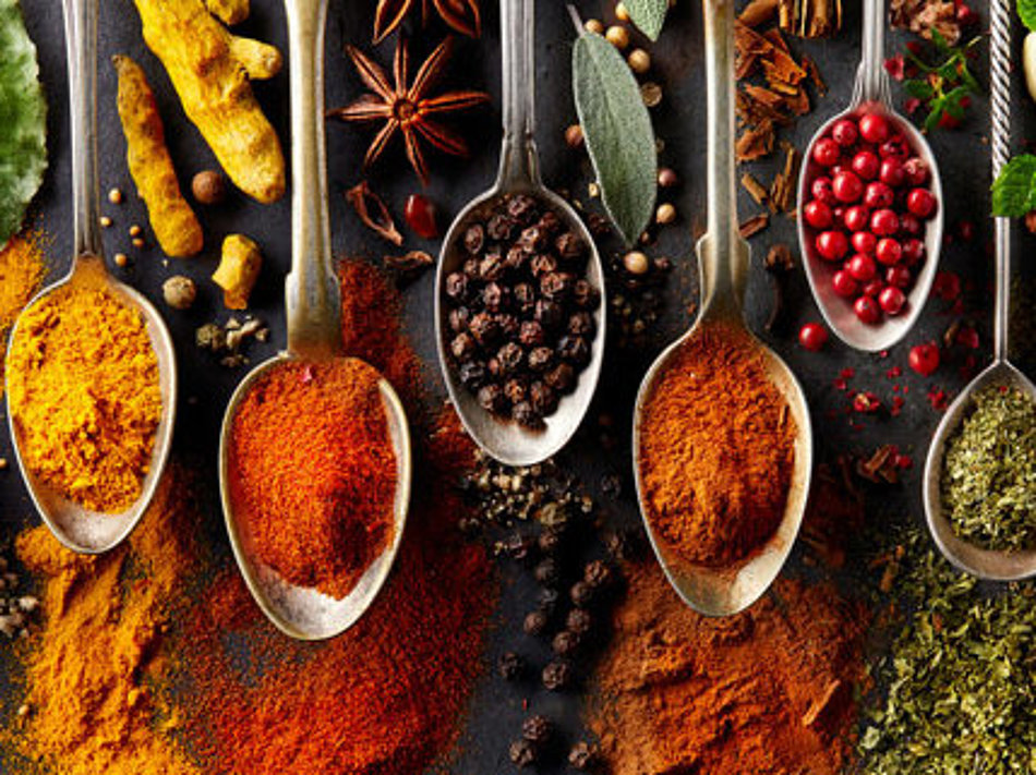 A selection of different spices is presented on spoons