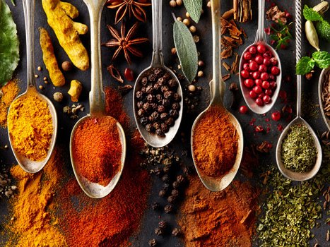 A selection of different spices is presented on spoons