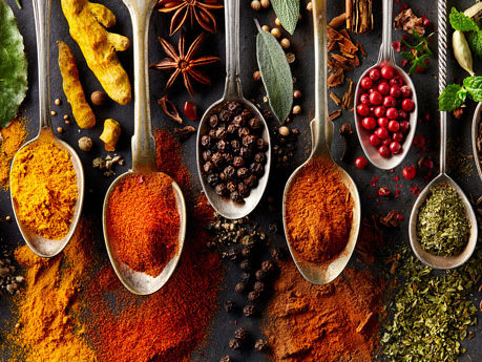 A selection of different spices is presented on spoons