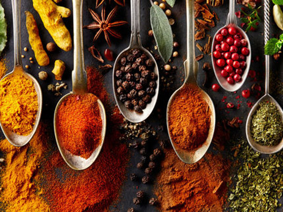 A selection of different spices is presented on spoons