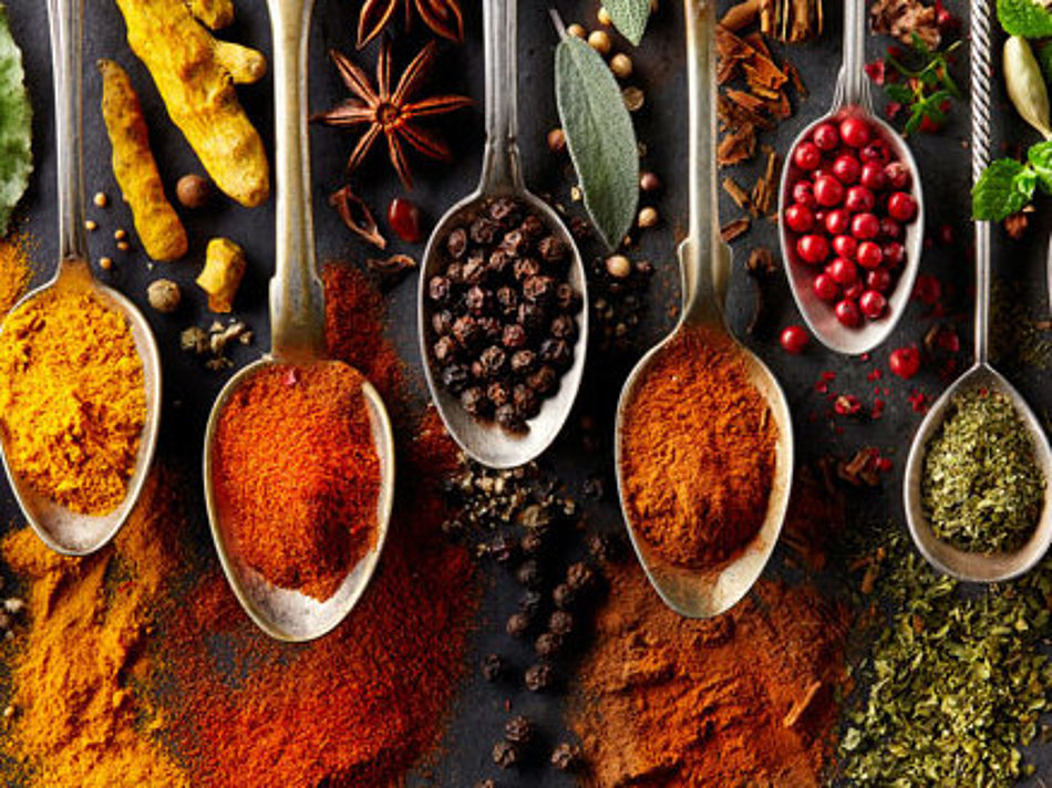 A selection of different spices is presented on spoons